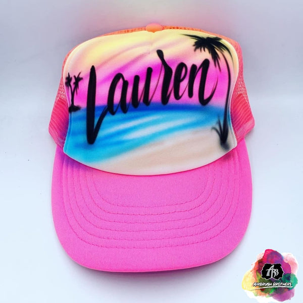 Airbrush Beach with Palm Trees Hat Design Airbrush Brothers