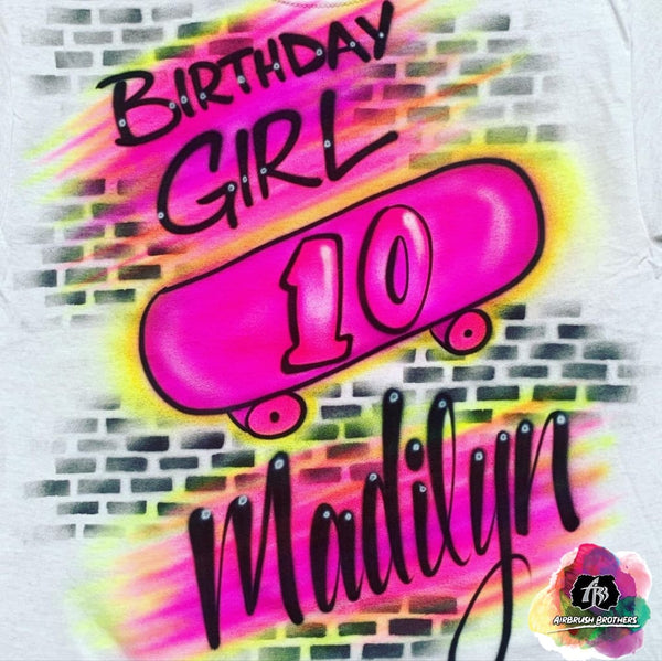Airbrush Birthday Skater Girl Shirt Design Youth M / Yes