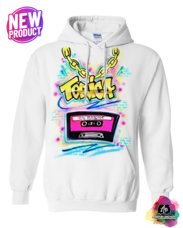 airbrush custom spray paint  Airbrush 90's Cassette Tape Shirt Design | Winter Edition shirts hats shoes outfit  graffiti 90s 80s design t-shirts  Airbrush Brothers Sweatshirt