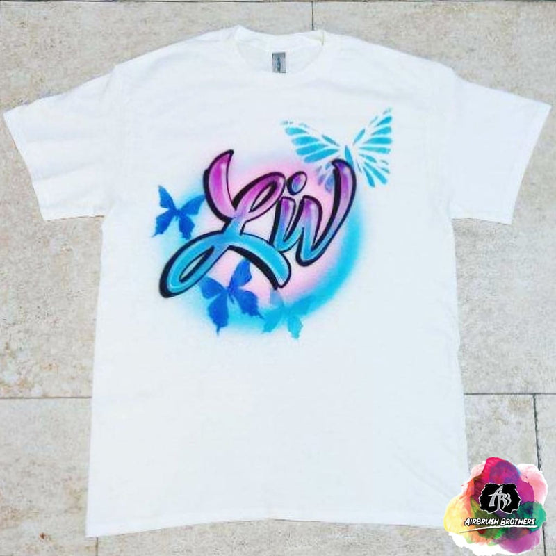 airbrush custom spray paint  Airbrush Butterflies w/ Two Tone Name Shirt Design shirts hats shoes outfit  graffiti 90s 80s design t-shirts  Airbrush Brothers Shirt