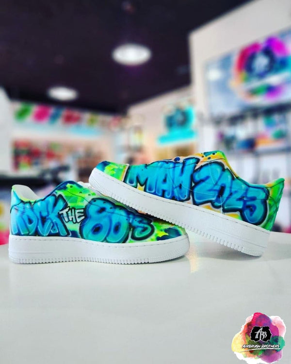 airbrush custom spray paint  Airbrush Custom Rock the 80's Shoes shirts hats shoes outfit  graffiti 90s 80s design t-shirts  AirbrushBrothers shoes