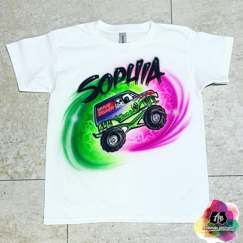 airbrush custom spray paint  Airbrush Grave Digger Shirt Design shirts hats shoes outfit  graffiti 90s 80s design t-shirts  Airbrush Brothers Shirt