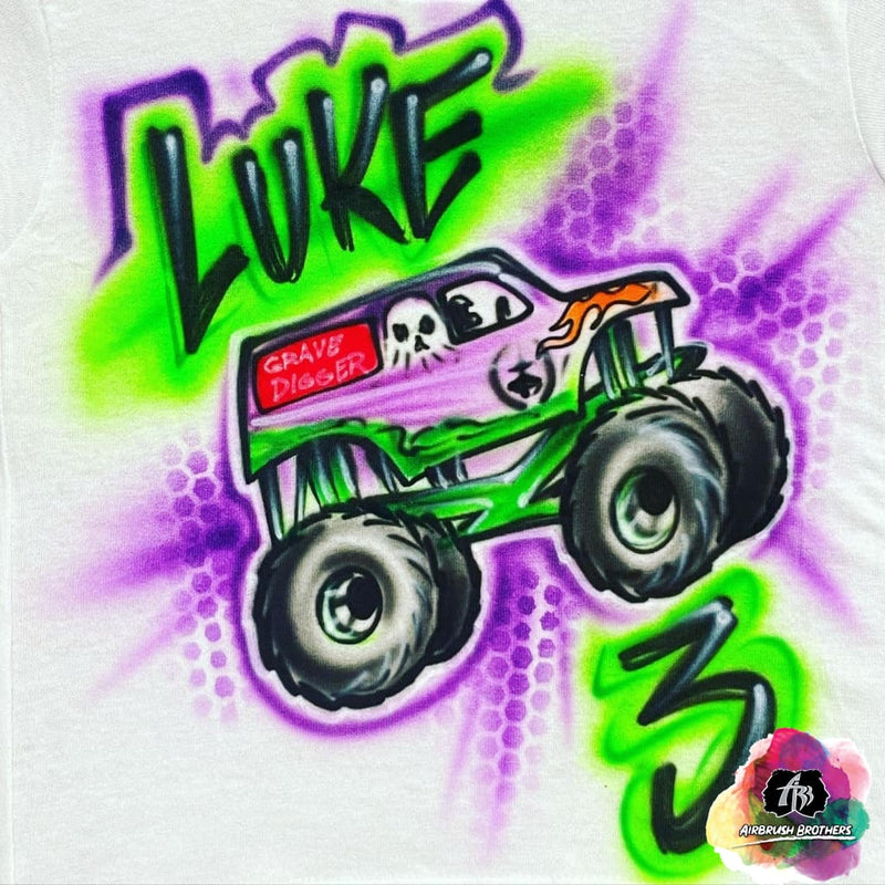 airbrush custom spray paint  Airbrush Grave Digger w/ Outline Shirt Design shirts hats shoes outfit  graffiti 90s 80s design t-shirts  Airbrush Brothers Shirt