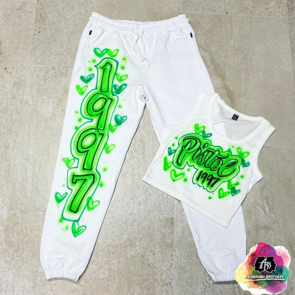 airbrush custom spray paint  Airbrush 1997 Green Hearts Crop Top And Jogger Set shirts hats shoes outfit  graffiti 90s 80s design t-shirts  Airbrush Brothers Joggers