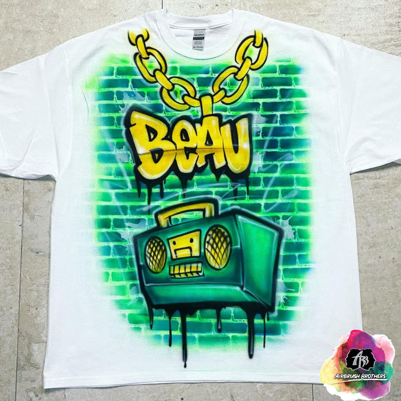 airbrush custom spray paint  Airbrush 90's Green Boombox Shirt Design shirts hats shoes outfit  graffiti 90s 80s design t-shirts  Airbrush Brothers Shirt