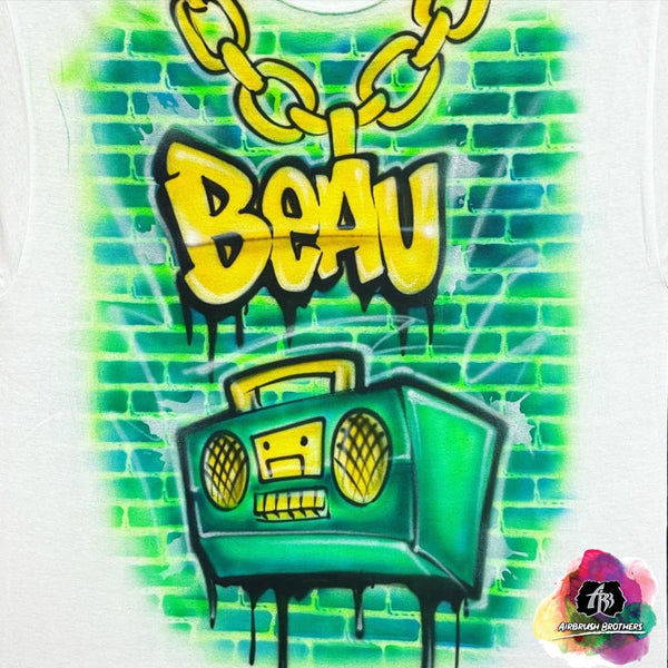 airbrush custom spray paint  Airbrush 90's Green Boombox Shirt Design shirts hats shoes outfit  graffiti 90s 80s design t-shirts  Airbrush Brothers Shirt