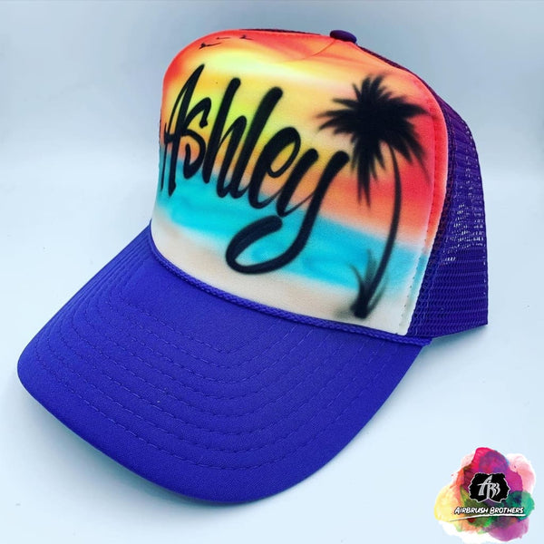 airbrush custom spray paint  Airbrush Beach with Red Sunset Hat Design shirts hats shoes outfit  graffiti 90s 80s design t-shirts  Airbrush Brothers Hats