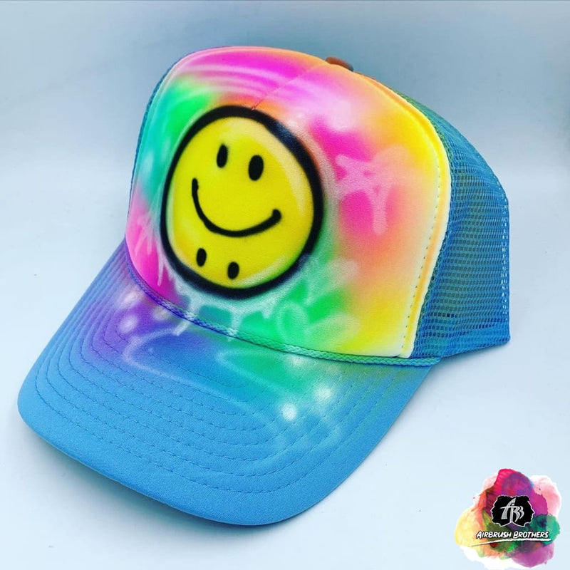 airbrush custom spray paint  Airbrush Bipolar Smiley Face Hat Design shirts hats shoes outfit  graffiti 90s 80s design t-shirts  Airbrush Brothers Hats
