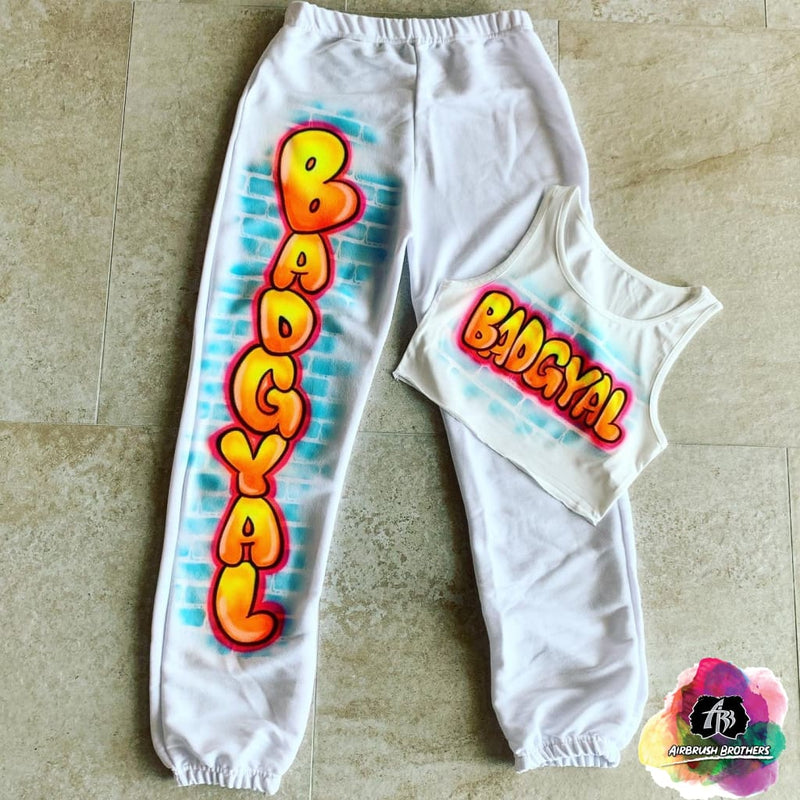 airbrush custom spray paint  Airbrush Bubble Font Crop Top And Jogger Set shirts hats shoes outfit  graffiti 90s 80s design t-shirts  Airbrush Brothers Joggers