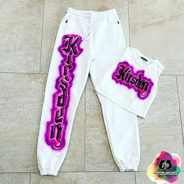 airbrush custom spray paint  Airbrush Crop Top And Jogger Set With Name shirts hats shoes outfit  graffiti 90s 80s design t-shirts  Airbrush Brothers Joggers