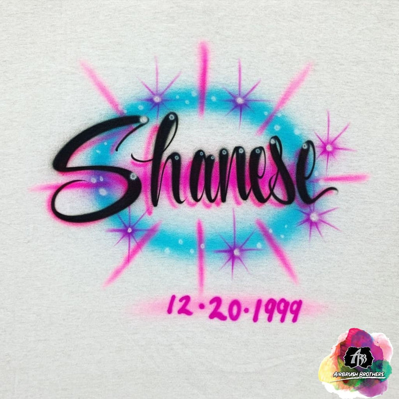 airbrush custom spray paint  Airbrush Name with Starbursts Shirt Design shirts hats shoes outfit  graffiti 90s 80s design t-shirts  Airbrush Brothers Shirt