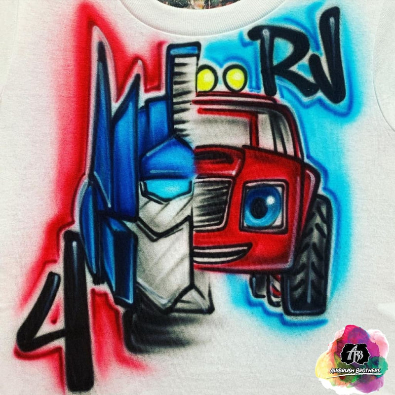 airbrush custom spray paint  Airbrush Optimus Prime & Blaze Birthday Shirt Design shirts hats shoes outfit  graffiti 90s 80s design t-shirts  Airbrush Brothers Shirt