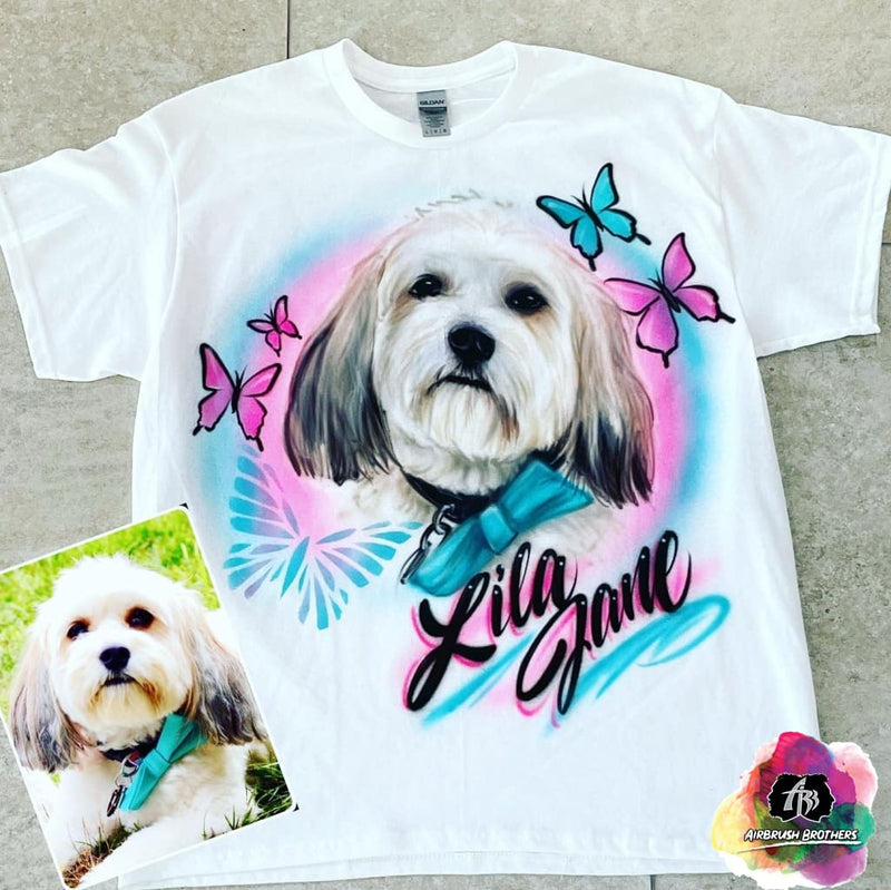airbrush custom spray paint  Airbrush Pet w/ Butterflies Design shirts hats shoes outfit  graffiti 90s 80s design t-shirts  Airbrush Brothers Shirt