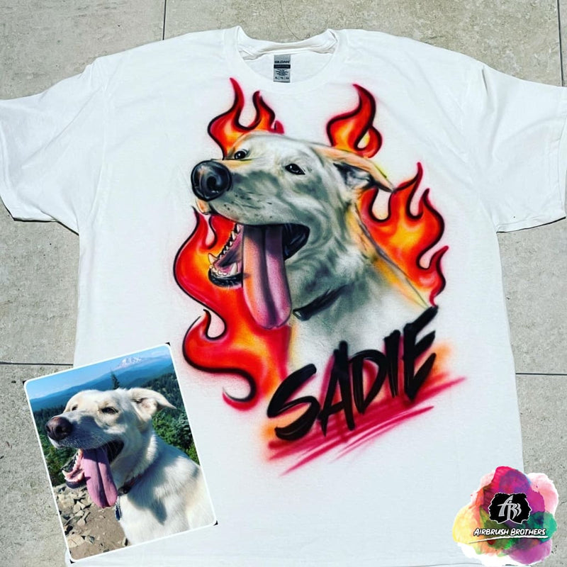 airbrush custom spray paint  Airbrush Pet w/ Flames Portrait Design shirts hats shoes outfit  graffiti 90s 80s design t-shirts  Airbrush Brothers Shirt