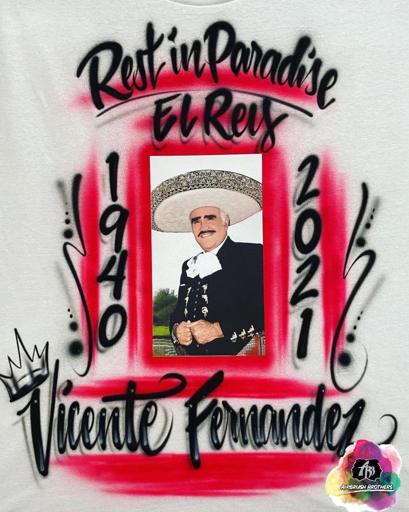 airbrush custom spray paint  Airbrush Rest In Paradise Vicente Fernandez Shirt Design shirts hats shoes outfit  graffiti 90s 80s design t-shirts  AirbrushBrothers Shirt
