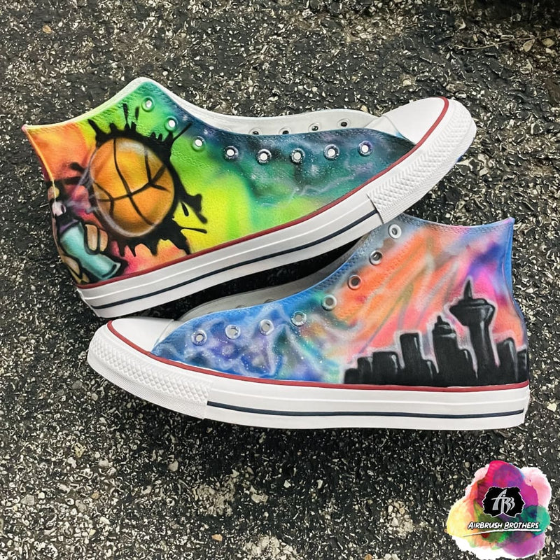airbrush custom spray paint  Bruce Bowen Collab Airbrush Converse shirts hats shoes outfit  graffiti 90s 80s design t-shirts  AirbrushBrothers shoes