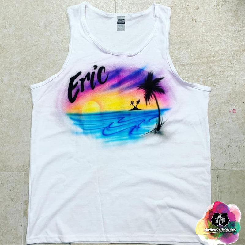 Airbrush Beach Sunset with Palm Trees Shirt Design