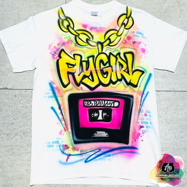 airbrush custom spray paint  FlyGirl Shirt Design shirts hats shoes outfit  graffiti 90s 80s design t-shirts  Airbrush Brothers Shirt