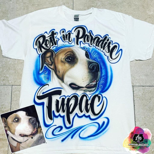 airbrush custom spray paint  Rest in Paradise Dog Portrait Design shirts hats shoes outfit  graffiti 90s 80s design t-shirts  Airbrush Brothers Customize Own Shirt